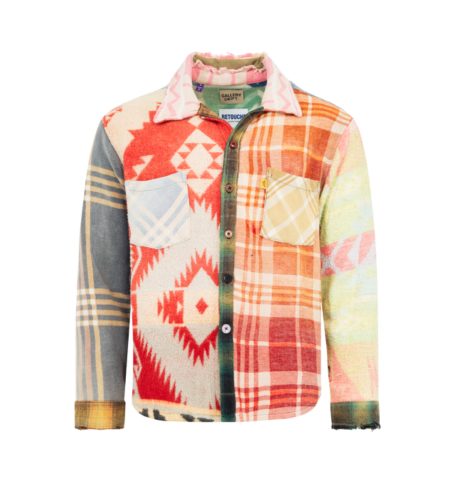 Image 1 of 2 - MULTI - GALLERY DEPT. Marley Retouche Shirt featuring distressed patchwork, checked cotton-blend, button front closure, collaged effect, slightly loose shape and frayed edges. 90% cotton, 10% polyester.