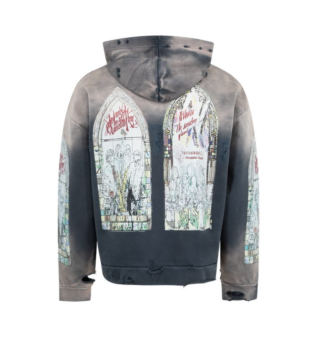 Image 2 of 2 - GREY - WHO DECIDES WAR Motley Hooded Pullover featuring original artwork applied by screen print, hood with drawstring and a boxy and slightly cropped fit. 100% cotton.