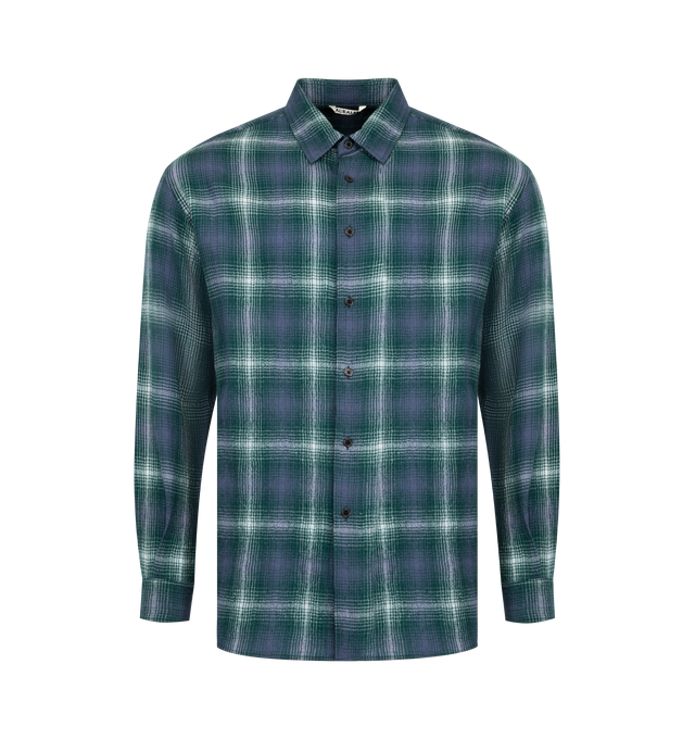 Image 1 of 2 - GREEN - AURALEE Airy Wool Check Shirt featuring ultra-fine combed wool, relaxed fit, plaid throughout, long sleeves with button cuffs and button front closure. 100% wool.