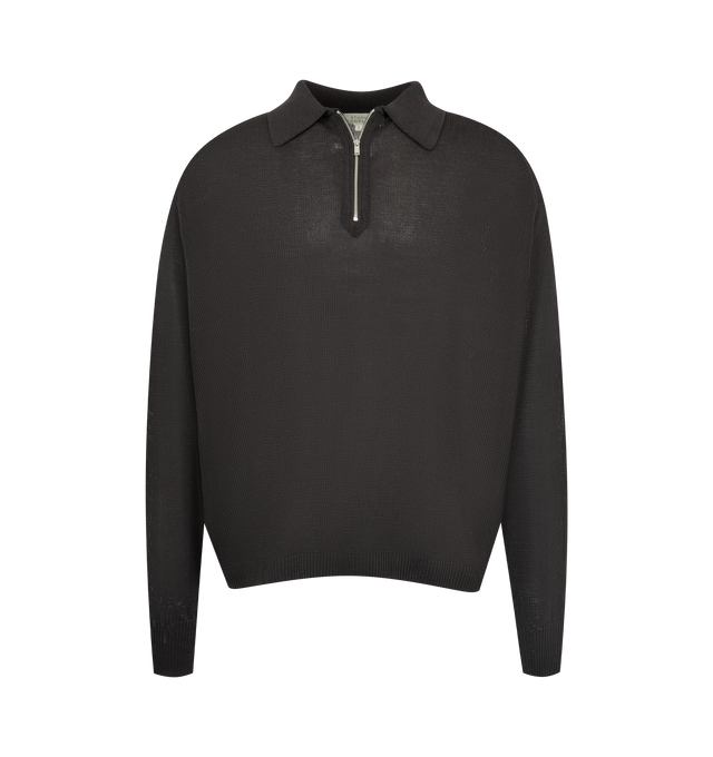 Image 1 of 2 - BLACK - STUDIO NICHOLSON Heddy Zip Up Polo Jumper featuring soft polo collar, relaxed, draped shoulders, spread collar, long sleeves, zip fastening and regular fit. 100% paper yarn.