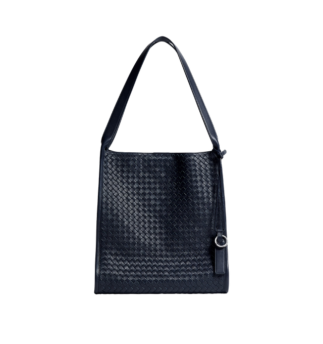 Image 1 of 3 - NAVY - BOTTEGA VENETA Corriere Bag featuring tote bag in supple Intrecciato nappa leather, detachable leather tag with keyring, one interior Intrecciato zipped pocket and magnetic closure. 14.6" x 13.8" x 8.3". Lambskin. Lining: suede. Made in Italy.