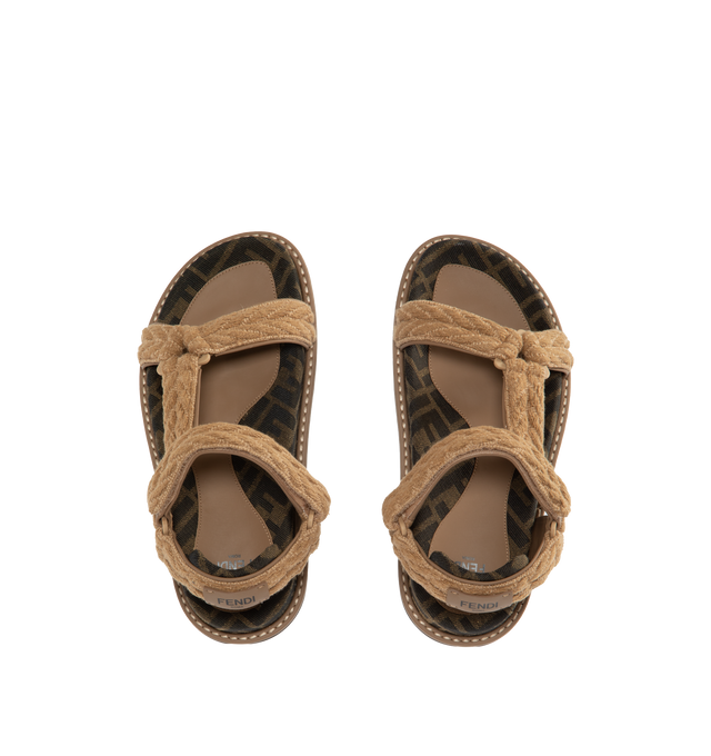 Image 4 of 4 - NEUTRAL - FENDI Feel Slides have intersecting bands, embellished footbed, and signature brand lettering fabric. 70% cotton, 17% polyester, and 13% other fibers.  