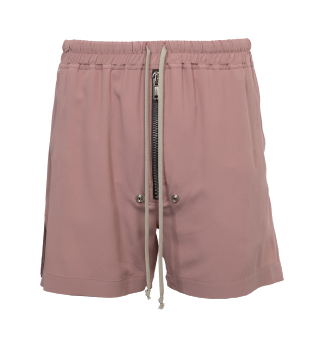 Image 1 of 4 - PINK - RICK OWENS Bela Boxers featuring exposed zip fly, elastic drawstring waistband, side slip pockets, stiff poplin fabric and metal grommets. 97% cotton, 3% elastane. Made in Italy.  