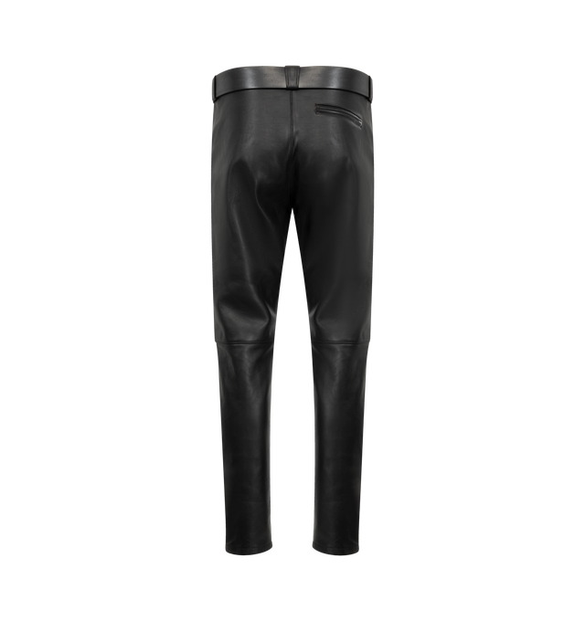 Image 2 of 3 - BLACK - SAINT LAURENT Leather Belted Pant featuring mid-rise pants with a straight leg, a removable belt, zip pockets, a zip fly, cupro lining, front snap-button closure with zip fly. 100% cowhide. Made in Italy.