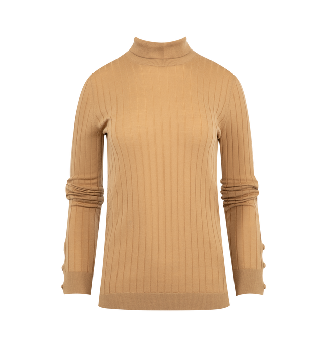 Image 1 of 3 - BROWN - MONCLER Wool & Cashmere Turtleneck Sweater featuring ultra-fine Merino wool and cashmere blend, rib knit, gauge 18, turtleneck and adjustable cuffs. 90% virgin wool, 10% cashmere.