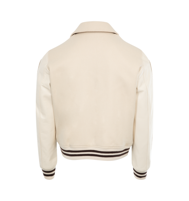 Image 2 of 2 - WHITE - AMIRI Bones Jacket featuring contrast leather sleeves, welt zipper pockets, banded rib accents, classic snap front closure and embroidered Amiri script logo at chest. Wool/leather/viscose. Made in Italy.  
