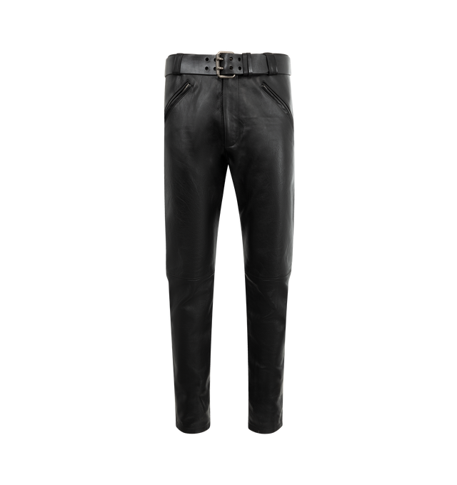 Image 1 of 3 - BLACK - SAINT LAURENT Leather Belted Pant featuring mid-rise pants with a straight leg, a removable belt, zip pockets, a zip fly, cupro lining, front snap-button closure with zip fly. 100% cowhide. Made in Italy.