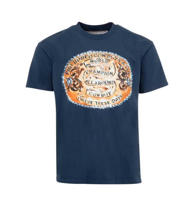 Image 1 of 2 - NAVY - ONE OF THESE DAYS World Champions Tee featuring relaxed-fit, short sleeves, crewneck and graphic print at front. 100% cotton.