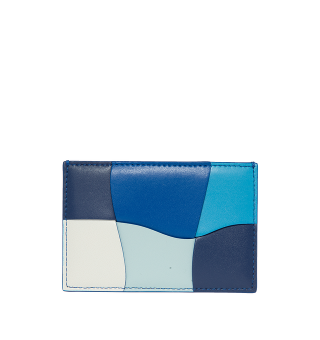 Image 1 of 3 - BLUE - Bottega Veneta Waved Leather Credit Card Case woven from mutli-shade blue leather strips creating a waved patchwork pattern. Features 3 card slots and one central pocket.  100% Calfskin, including lining. Measures 3.1" x 4.1".  Made in Italy. 