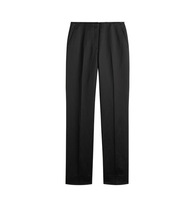 Image 1 of 1 - BLACK - TOTEME Easy Raw Edge Trousers featuring slim fit, a satin handfeel, straight silhouette with a raw waistband edge, front zipper closure and hidden pockets integrated into the side seams. 81% viscose, 19% linen.