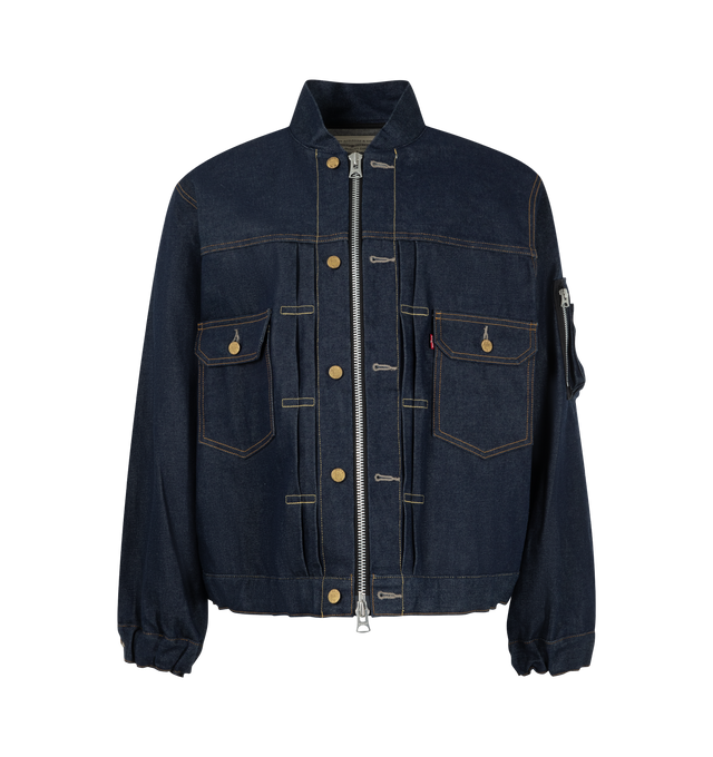 Image 1 of 5 - BLUE - Sacai X Levi's Men's Blouson Denim Jacket is crafted from a medium-dark wash cotton denim featuring a deconstructed denim design with a central zipper and utility pocket details on the sleeve. Main Material: 100% Cotton. Made in Japan.