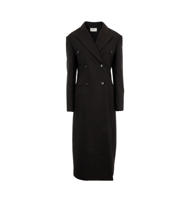 Image 1 of 3 - BROWN - The Row Duras tailored double-breasted coat in textured cotton wool tailoring with notched lapel, front besom pockets, and center back vent. Featuring interior buttoned welt pocket, six horn button closure. 58% cotton, 37% wool, 4% polyamide, 1% elastane lined in 100% silk habotai. Made in Italy.