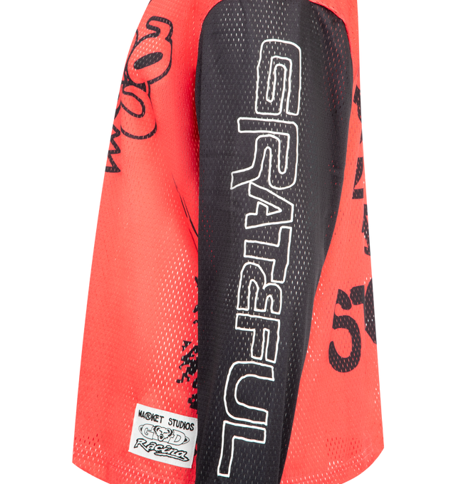 Image 4 of 4 - RED - MARKET X GD Moto Jersey featuring long sleeves, crewneck, logo graphics on front, back and sleeves and contrasting collar and sleeves. Mesh jersey.