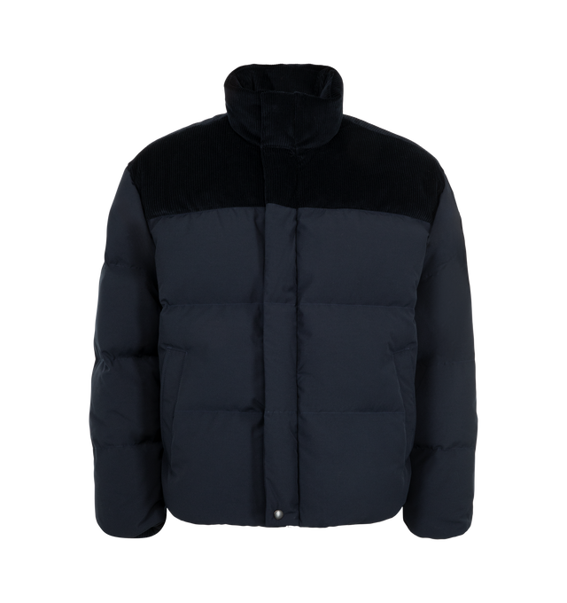 Image 1 of 4 - NAVY - Canada Goose Men's Sterling Puffer Jacket is crafted from Arctic Tech fabric and features a puffer silhouette with contrasting cotton corduroy at the shoulders and collar for a Western-inspired look. Designed with a concealed snap placket over a front zipper, an exposed bottom snap, an adjustable drawcord hem, and recessed rib-knit cuffs to help retain warmth. Main Material: Arctic Tech. Contrast: Cotton Corduroy. Closure: Hidden Snap Placket with Front Zip. Pockets: Two Snap-Welt Exte