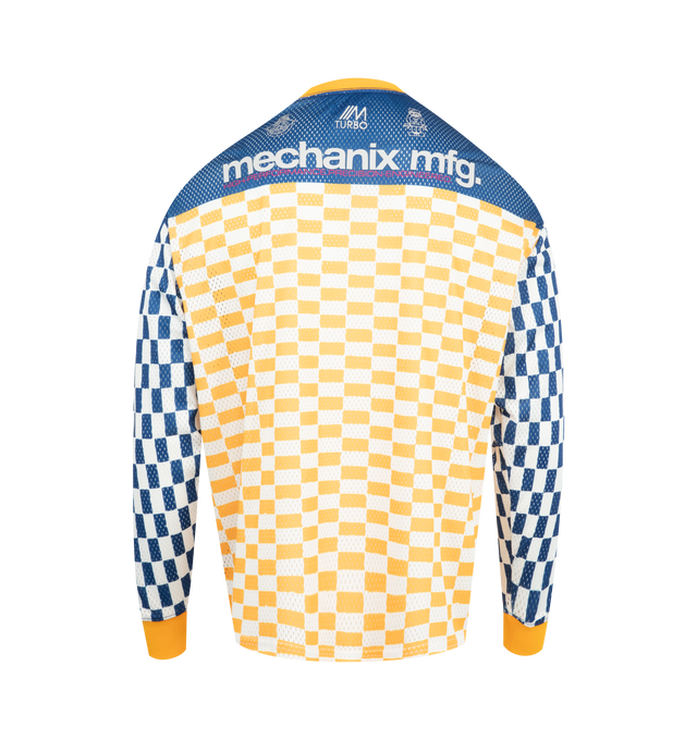 Image 2 of 2 - MULTI - MARKET Mechanix Mesh Racing Jersey featuring mesh fabric, ribbed collar and cuffs, all-over printed checkered pattern, custom logo patch on chest, TPU appliques below collar and on upper back, printed graphics on sleeves and woven label above front left hem. 100% polyester.