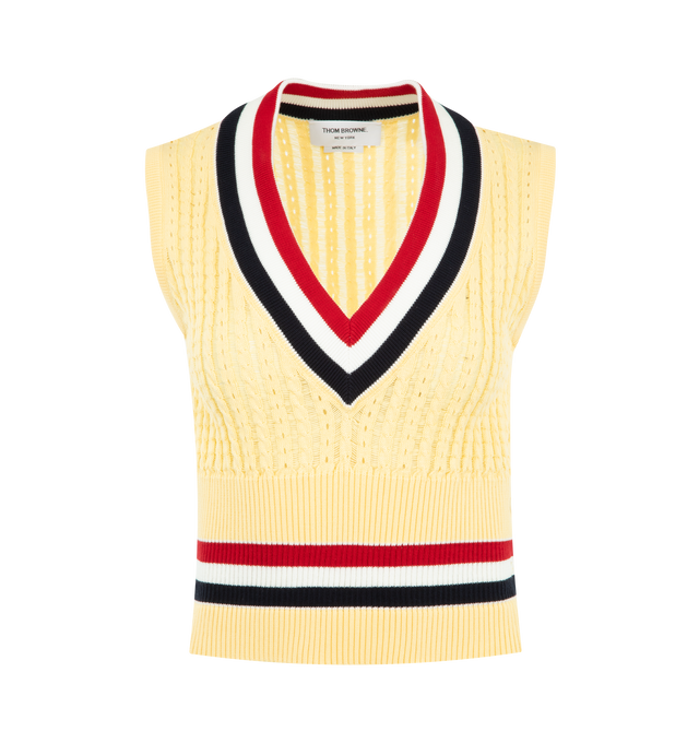 Image 1 of 3 - YELLOW - THOM BROWNE Cricket RWB Stripe Baby Ladder Cable Shrunken Vest featuring wide ribbed neckline, shrunken style, pullover style, buttoned side vents and cuffs with signature striped grosgrain trim and signature striped grosgrain loop tab at back of neck. 100% cotton. Made in Italy.