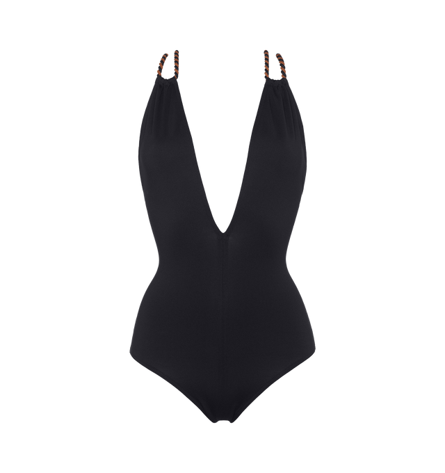 Image 1 of 6 - BLACK - ERES Pirouette Sophisticated One-Piece Swimsuit featuring large front straps detailed with a thin two-tone twisted double strap, low cut V-neckline with an open seam in the middle front and sliding straps in the front that crossover in the back. 84% Polyamid, 16% Spandex. Made in Morocco. 