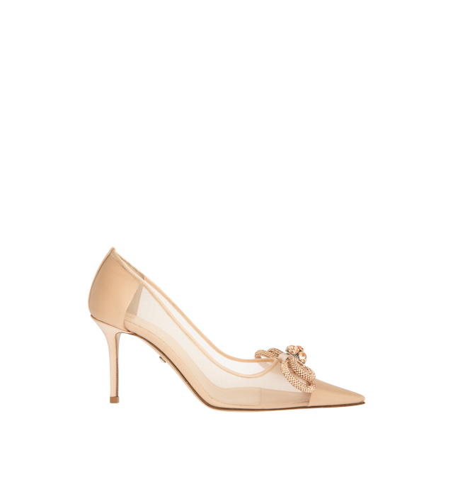 Image 1 of 4 - CHAMPAGNE - MACH & MACH Double Bow Mesh Pumps featuring a high stiletto heel, crystal double bow detailing, pointed toe and mesh upper. The heel height measures 85mm. Made in Italy.