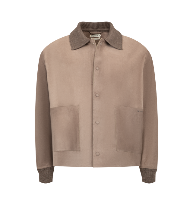 Image 1 of 2 - GREY - JW Anderson Men's Suede Jacket in mouse grey is crafted in Italy, features a wool knitted collar and cuffs, patch pockets with debossed black foil logo and self-covered press snap buttons. Constructed with invisible seams for a clean finish.