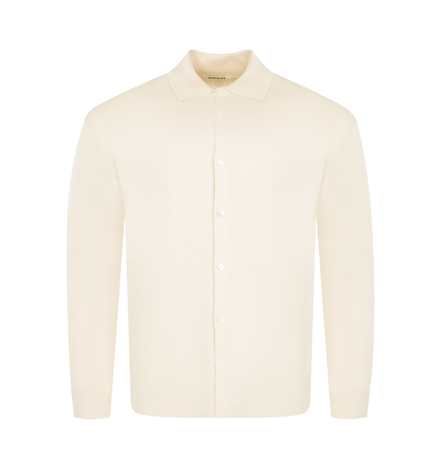 Image 1 of 2 - WHITE - AURALEE Tussah Silk Cotton Mesh Knit Cardigan featuring button closure, collar, button cuffs and long sleeves.