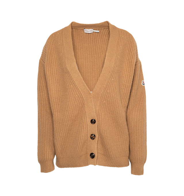 Image 1 of 2 - BROWN - MONCLER Wool & Cashmere Cardigan featuring half brioche stitch, Gauge 5, button closure and logo patch. 40% wool, 25% polyamide/nylon, 25% viscose/rayon, 10% cashmere. 