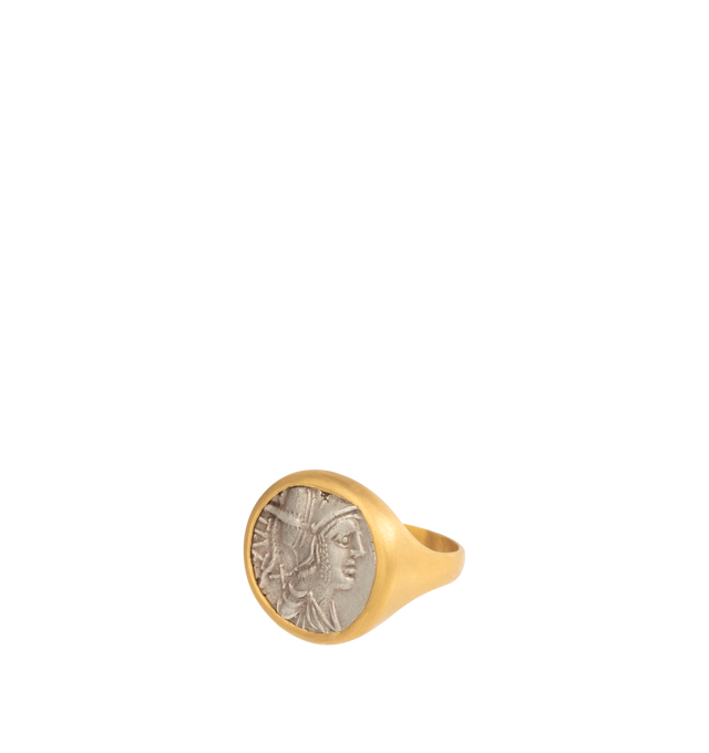 Image 1 of 2 - GOLD - ELI HALILI Ancient Silver Coin Ring featuring Roman Republic, Denarius, Tiberius Veturius, 137 BE, Obv. Helmented Head of Mars, The Roman God of War set in 22k gold. Made in New York. Hirshleifers offers a range of initial pieces from this collection in-store. For personal consultation and detailed information about jewelry, please contact our dedicated stylist team at personalshopping@hirshleifers.com. This item may be restricted for online purchase to international clients. For assis