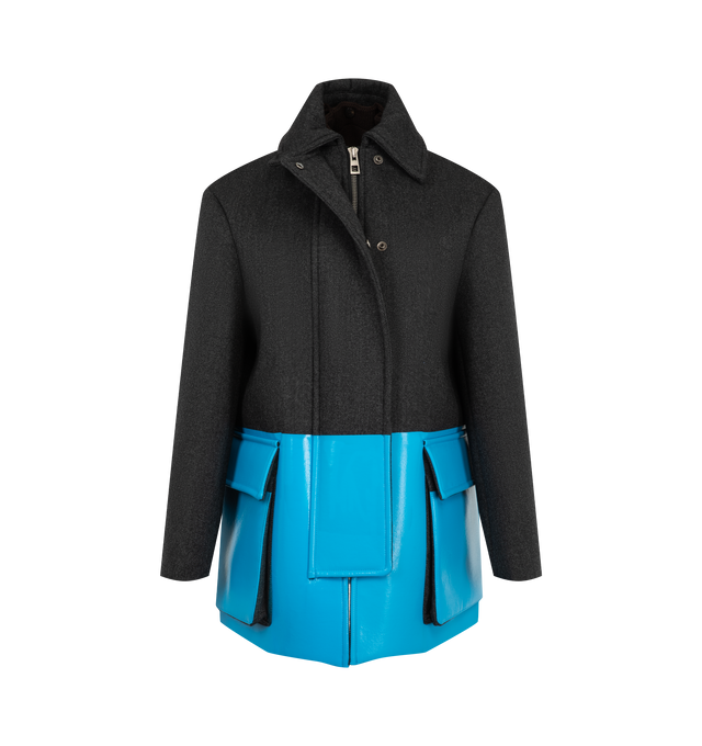 Image 2 of 4 - BLUE - Loewe Women's Coat in Wool is crafted from medium-weight wool and features a foil-printed contrast hem with a detachable trompe loeil wool knit flap. Designed with a refined silhouette, the coat combines elevated craftsmanship with distinctive textural details for a modern interpretation of outerwear. Main Material: 73% wool 16% polyurethane 11% polyster.