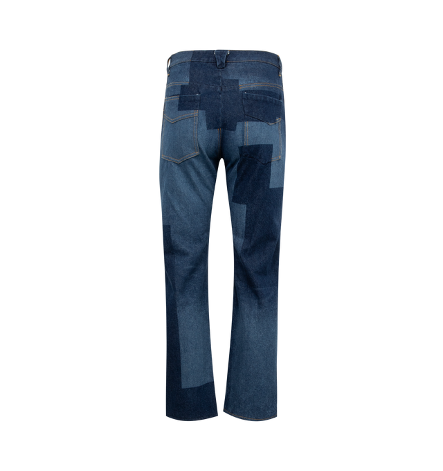 Image 2 of 3 - BLUE - NEEDLES Patchwork Straight Leg Jeans featuring zip fastening, back patch pockets, relaxed straight-leg and asymmetric workwear stitches. 100% cotton. 