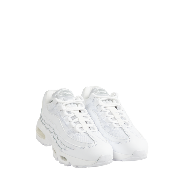 Image 2 of 5 - WHITE - NIKE Air Max 95 Big Bubble Sneaker featuring upper that combines real and synthetic leather with airy textiles, visible Max Air cushioning, flex grooves in the midsole and outsole, foam midsole and rubber outsole.
