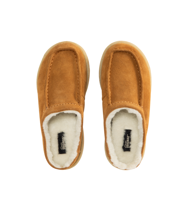 Image 4 of 4 - BROWN - CLARKS Meare Mule featuring suede uppers, synthetic fur lining, hand stitched apron seam, crepe rand, tonal EVA rubber sole, Woven Clarks Originals label on sock and Wallabees branding on heel.