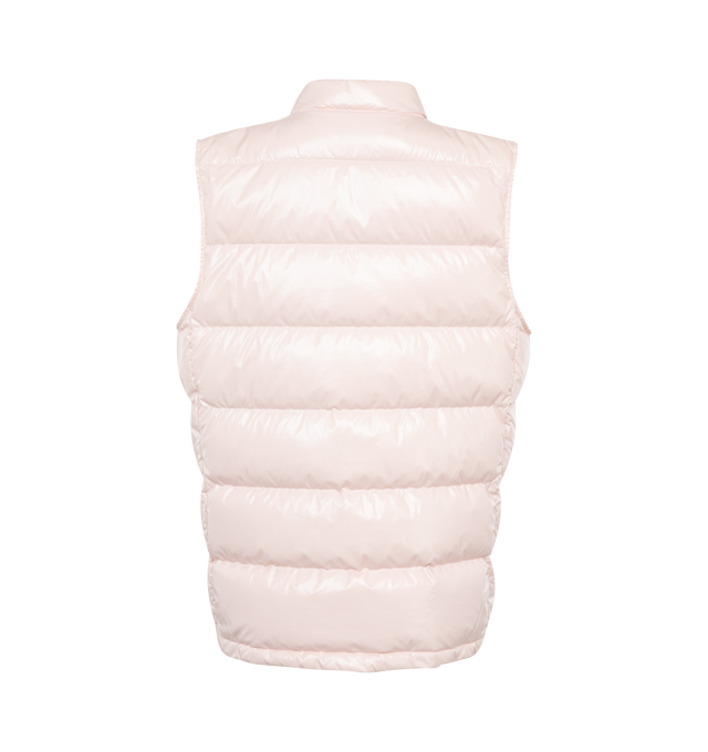 Image 2 of 2 - PINK - MONCLER Alcibia Puffer Vest featuring shiny patent finish, stand collar, two-way front zip, chest logo patch, sleeveless, side-entry zip pockets, mid-length and slim fit. 100% polyamide/nylon. Padding: 90% down, 10% feather. Made in Romania. 