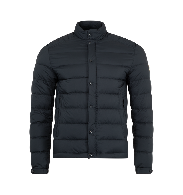 Image 1 of 4 - NAVY - MONCLER Selves Short Down Jacket featuring water-repellent main fabric, longue saison lining, down-filled, zipper and snap button closure, zipped pockets, adjustable cuffs and hem with drawstring fastening. 100% polyamide/nylon. 90% down, 10% feather.