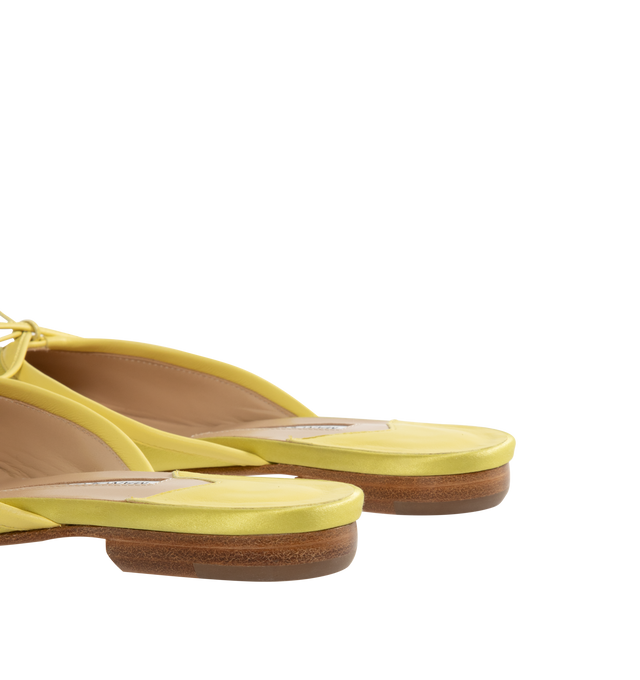 Image 3 of 4 - GREEN - Manolo Blahnik Satin Bow Ballerina Flats in a slide-on style featuring grosgrain trim and bow accent, 10 mm flat heel, almond toe, leather outsole and leather lining. Made in Italy.