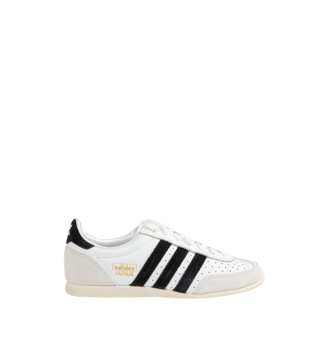 Image 1 of 5 - WHITE - Adidas Japan Sneakers are a lace-up style with leather uppers, EVA midsoles, molded heels, low-profie design, double-stitched T-toes and rubber gum soles.  Reissued vitage design from a 1964 trainer that appeared in a catalog for that year's global sporting event held in Japan. Unisex style in men's sizing.
