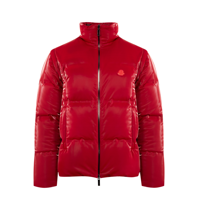 Image 1 of 4 - RED - Moncler x A$AP Rocky Throttle Reversible 2-in-1 Down Jacket featuring polyester jersey, nylon laqu lining, reversible, detachable sleeves, down-filled, zipper closure, pockets with button closure, logo print and logo patches. 95% polyester, 5% elastane/spandex. Lining: 100% polyamide/nylon. Padding: 90% down, 10% feather.