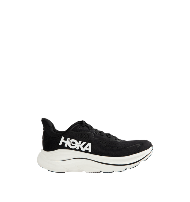 Image 1 of 10 - BLACK - HOKA Clifton 10 Sneaker featuring jacquard knit, reflective upper details, smooth MetaRocker, rearfoot-focused Active Foot Frame, CMEVA midsole, molded EVA sockliner and inherently durable abrasion rubber.