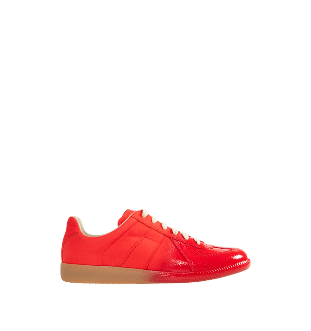 Image 1 of 5 - RED - MAISON MARGIELA Replica Sneakers featuring classic low-top silhouette, contrast of matte leather and a patent sprayed finish, streamlined sole, traditional lace-up construction and signature single white stitch. 100% calf leather. Made in Italy.