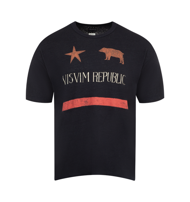 Image 1 of 2 - NAVY - VISVIM Cotton Crewneck Short Sleeve T-Shirt featuring jumbo silhouette and "VISVIM REPUBLIC" Print Detail. 100% Cotton with one wash.