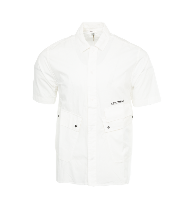 Image 1 of 3 - WHITE - C.P. COMPANY Popeline Pocket Shirt featuring classic collar, front button fastening, short sleeves, front flap pockets, military-inspired design and regular fit. 100% cotton. 