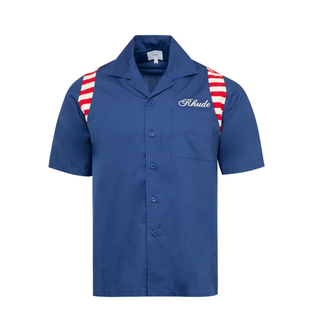 Image 1 of 2 - NAVY - RHUDE America Spirit Poplin Shirt featuring front button closure, embroidered front panel, printed back panel and one breast patch pocket. 100% cotton. 