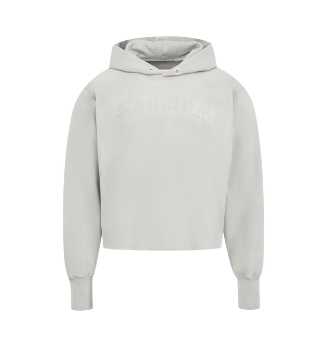 Image 1 of 2 - GREY - MAISON MARGIELA Signature Sweatshirt featuring cropped hoodie in loopback cotton jersey, dropped shoulders and long ribbed cuffs, MARGIELA embroidery at the front, raw-edge hem for a deconstructed finish, double-layered hood with eyelet detail and four stitches at the back. 100% cotton. Made in Italy.