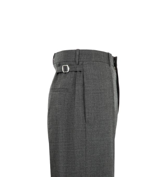 Image 3 of 3 - GREY - Bottega Veneta Men's Shetland Wool Toile Pants are crafted from Shetland wool toile and feature a straight-leg silhouette with a refined tailored finish. Designed with adjustable side buckles, a back slit, and a zip-and-hook closure for a clean, sophisticated look. Main Material: 100% Wool. Made in Italy.