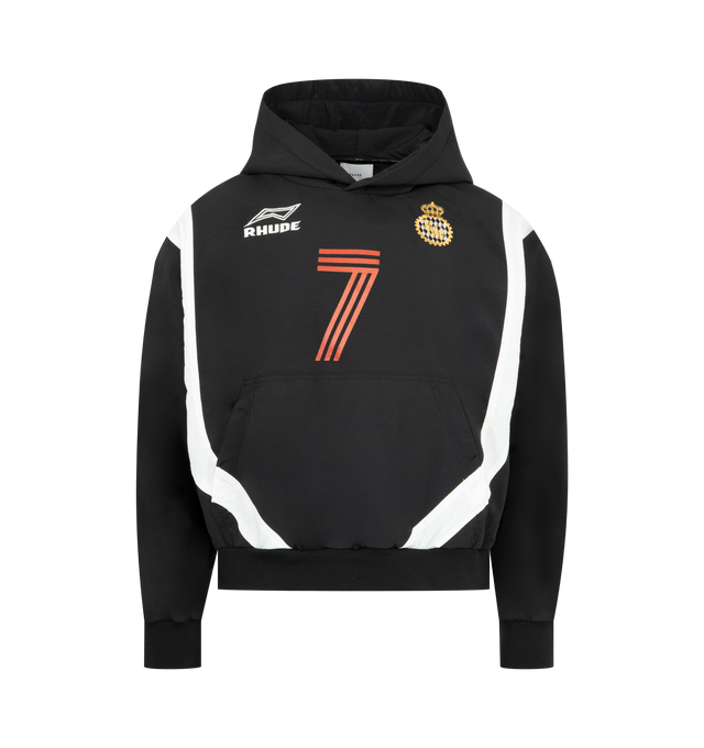 Image 1 of 3 - MULTI - RHUDE Lago Soccer Jersey Hoodie featuring long sleeve cotton heavyweight jersey hoodie with Rhude "Lago Soccer" graphic designs on the front chest and back, a kangaroo front pocket and dropped shoulders. 66% cotton, 34% nylon.