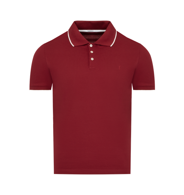 Image 1 of 2 - RED - SAINT LAURENT Polo featuring short-sleeves, fitted silhouette, certified cotton, a tonal logo embroidery at the chest, half button placket and polo collar. 100% cotton. Made in Italy.