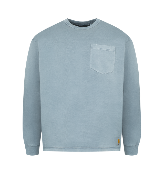 Image 1 of 2 - BLUE - CARHARTT WIP Torion Pocket T-Shirt featuring a loose fit from a midweight organic cotton jersey, a slightly distressed, worn-in finish, chest pocket, detailed with an overdyed Square Label, long sleeves and crew neck. 100% organic cotton.