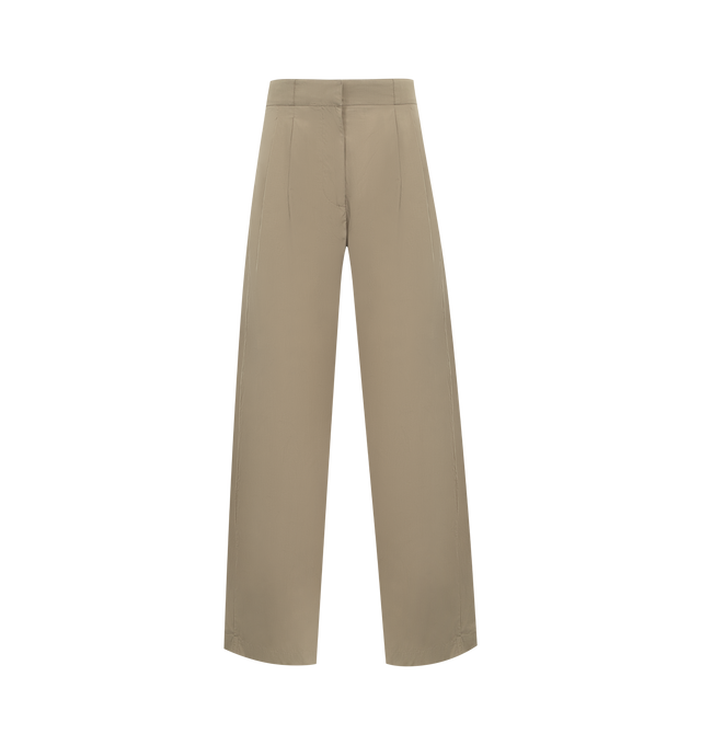 Image 1 of 3 - BROWN - THE ROW Iven Pant featuring tailored low-rise pant in softly crinkled technical silk with barrel leg, front double pleats, adjustable back button tabs, and side welt pockets. 65% silk, 35% nylon. Made in Italy.