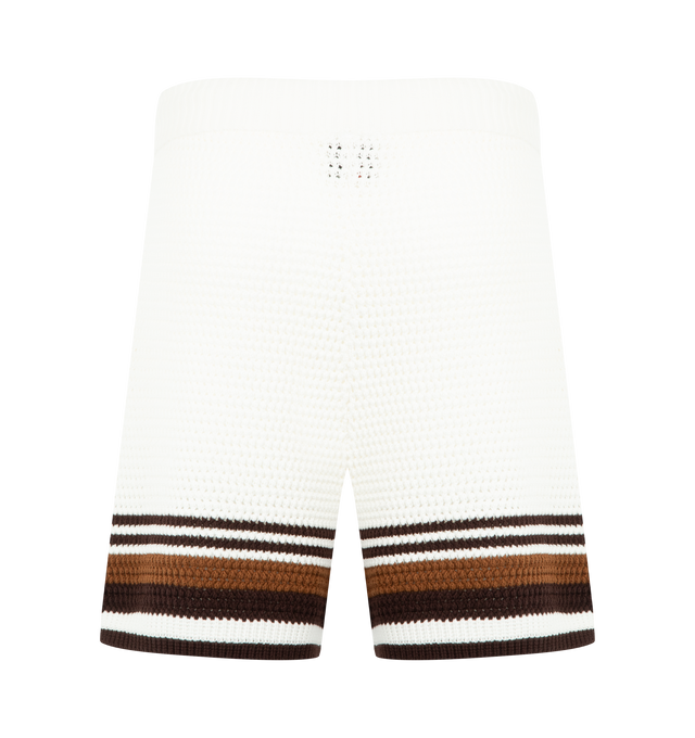 Image 2 of 3 - BROWN - Casablanca Men's Tennis Stripe Crochet Shorts featuring the house's diamond logo patch and tennis stripe detail. Completed with an elasticised waistband, drawstring fastening, and in-seam side pockets in a relaxed silhouette. Designed to be worn with the coordinating crochet shirt. 100% cotton. Made in Malaysia.