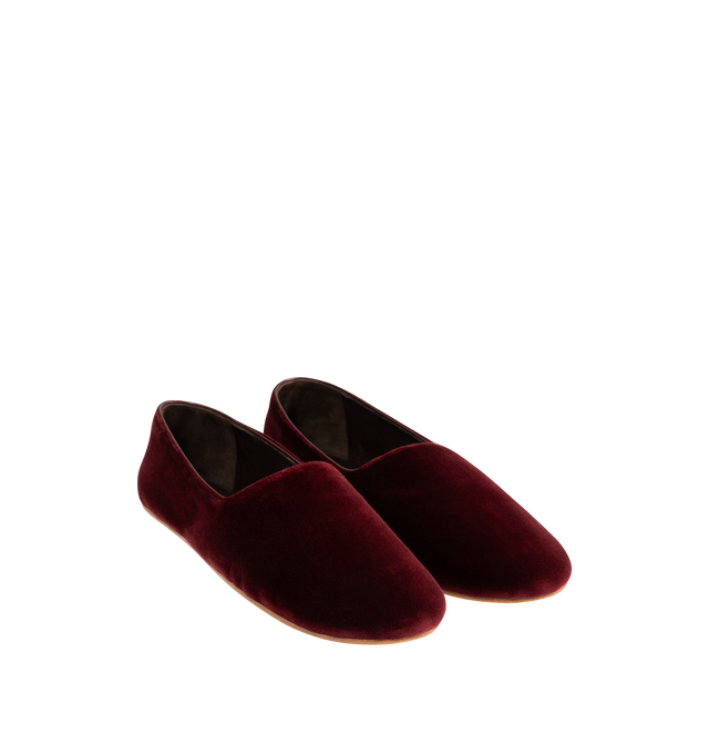 Image 2 of 4 - RED - THE ROW Ponti Slipper featuring minimal slip-on shoe in plush velvet with round toe, leather lining and flexible leather sole. 100% cotton. Made in Italy.