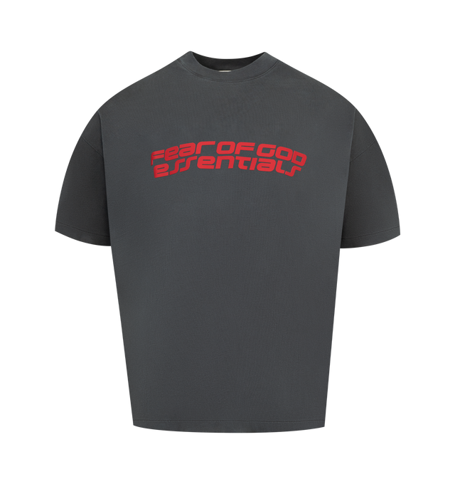 Image 1 of 2 - GREY - FEAR OF GOD ESSENTIALS 90s Tee featuring an oversized 90s-inspired silhouette, exaggerated proportions with dropped shoulders for a relaxed drape, matte HD print application on front, "26" graphic on back, and signature rubberized Fear of God Essentials label at the collar. 100% cotton jersey.
