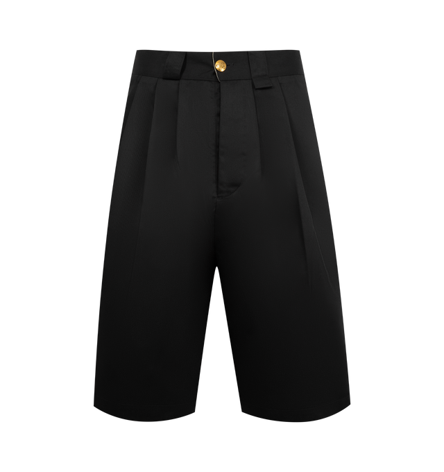 Image 1 of 3 - BLACK - WILLY CHAVARRIA Borracho Pleated-Waist Cotton Blend Shorts featuring button-fly fastening at front, wide leg, structured waist, belt loops, pleated waist, two slip pockets at front, one welt pocket at back, one buttoned flap pocket a back and embroidered brand patch at back. 65% polyester, 35% cotton. Lining 100% cotton. Made in Italy.